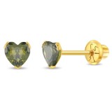 Cercei Aur 14K Copii, model Birthstone (zi nastere august), forma Inima cu Piatra CZ Light Green
