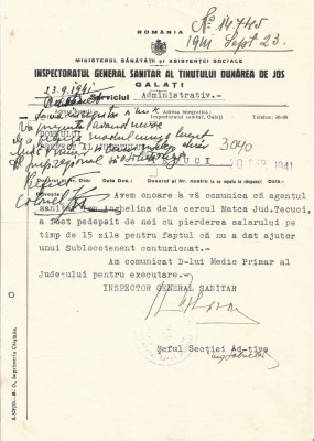 A3630N Sancționarea unui agent sanitar cu pierderea salariului pentru 15 zile pt că nu a dat ajutor unui sublocotenent contuzionat, 20 septembrie 1941 foto