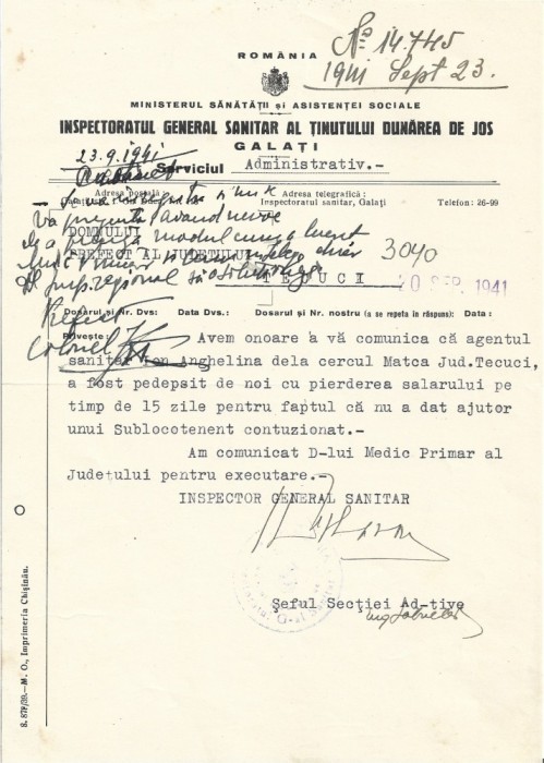 A3630N Sancționarea unui agent sanitar cu pierderea salariului pentru 15 zile pt că nu a dat ajutor unui sublocotenent contuzionat, 20 septembrie 1941