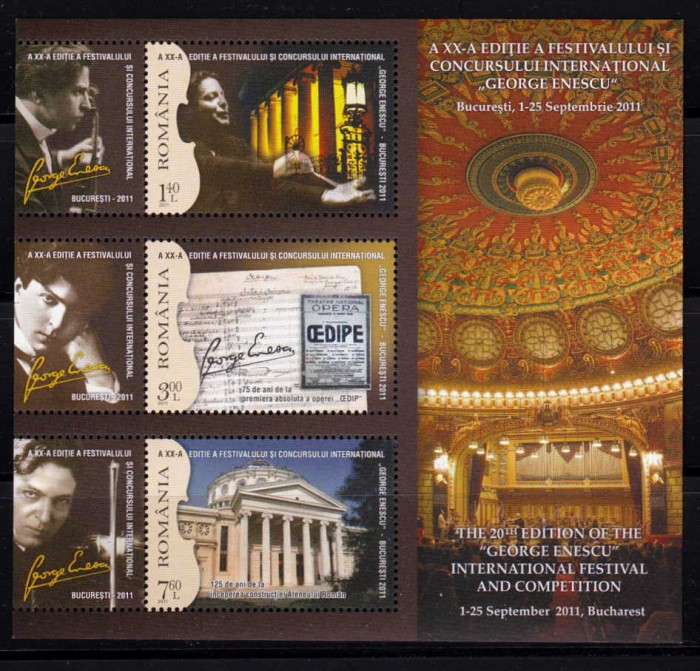 ✅RO 2011, LP 1914a, &quot;A XX-a Editie Festival G.Enescu &quot; ,serie+3V,colita 511, MNH