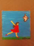 TABLOU PE PANZA CU SASIU NOU 20X20 CM FETITA CARE ALEARGA DUPA UN PORUMBEL ACRILIC PRET 20 LEI PICTOR FLORIAN