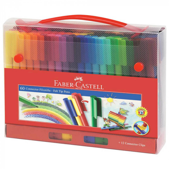 Set 60 Carioci Colorate Faber-Castell Cutie Cadou Connector Cu Clip Prindere, Carioca Pentru Copii, Carioca De Colorat, Carioci Pentru Copii, Carioci