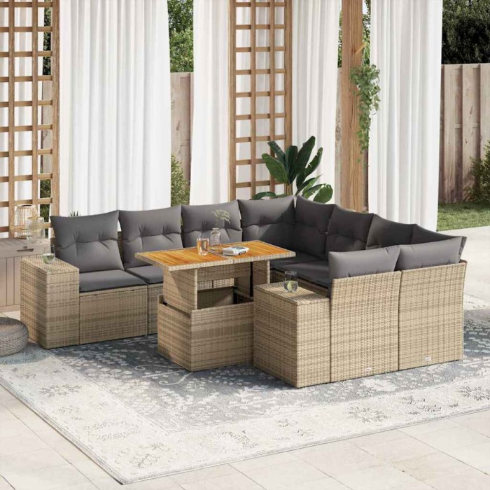 vidaXL Set canapele de grădină, 9 piese, cu perne, bej, poliratan