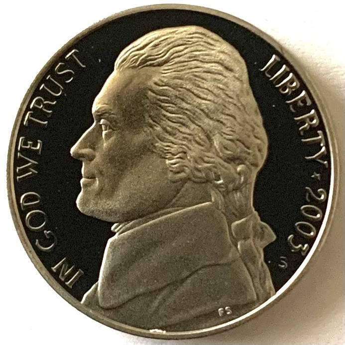 AMERICA 5 CENTS 2003 PROOF LITERA S,(Monticello - Thomas Jefferson.)