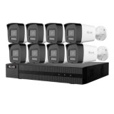 Kit supraveghere profesional IP Hikvision HiLook 8 camere 4MP IR 30m PoE microfon si difuzor IP67 alarma si NVR 8 canale PoE 6MP SafetyGuard Surveilla