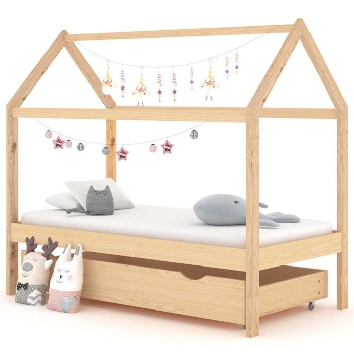 Cadru pat pentru copii, cu un sertar, 80x160 cm, lemn masiv pin