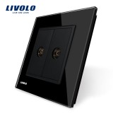 Priza dubla TV Livolo neagra cu rama din sticla securizata