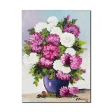 Tablou cu flori pictat manual - Vaza cu crizanteme, 40x30cm ulei pe panza, gata de agatat pe perete