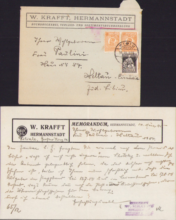 HST A1891 Plic + scrisoare 1925 antet tipografia editura librăria W Krafft Sibiu