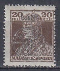 ROMANIA 1919 EMISIUNEA CLUJ SUPRATIPAR PE TIMBRELE KARL&amp;ZITA 1918 ESEU VALOAREA 20 BANI BRUN SUPRATIPAR ARGINTIU GUMA ORIGINALA SARNIERA