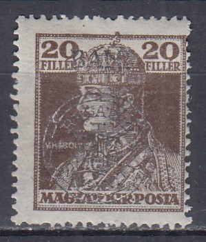 ROMANIA 1919 EMISIUNEA CLUJ SUPRATIPAR PE TIMBRELE KARL&amp;ZITA 1918 ESEU VALOAREA 20 BANI BRUN SUPRATIPAR ARGINTIU GUMA ORIGINALA SARNIERA