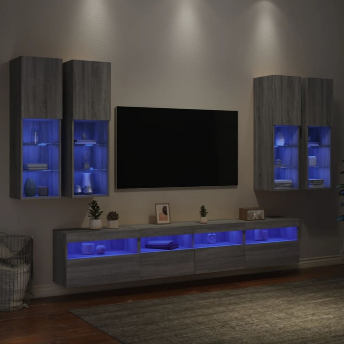 Comode TV de perete cu lumini LED, 7 piese, gri sonoma
