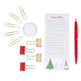 Set școală Crăciun, Carnetel Liniat 7.5x17.5 cm, Indicatori Adezivi 4.7 cm, 5 Agrafe Aurii 5 cm, Pix Roșu Cerneala Neagră, 4 Clame Roșii și Aurii 2.5x, Oem