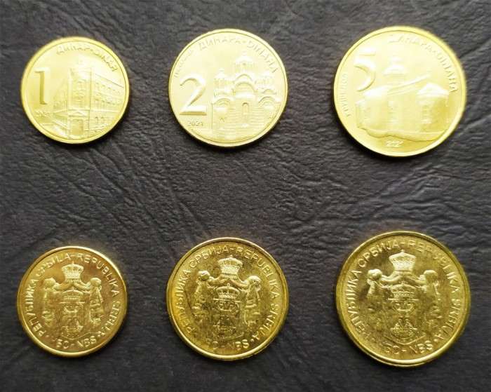 SERBIA █ SET COMPLET DE MONEDE █ 1, 2, 5 Dinara █ 2021 █ UNC