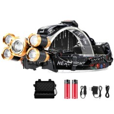 Lanterna Frontala de Cap, 5 LED-uri, Zoom, IPX6, Aluminiu, 2 Acumulatori, Unghi 180 &deg;, Rotire 90 &deg;