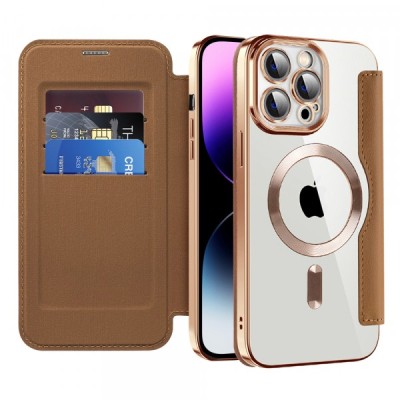 Husa MagSafe pentru Apple iPhone 14 Pro Max, Techsuit, SmartMag Book, Maro foto