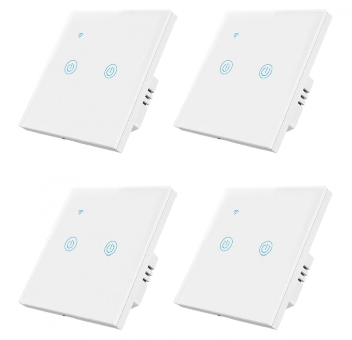 Set 4 Intrerupatoare inteligente duble cu touch Brius&trade;, Wi-Fi, nul, sticla securizata, LED noapte/zi, Tuya, Life Smart, compatibil Amazon Alexa/Google
