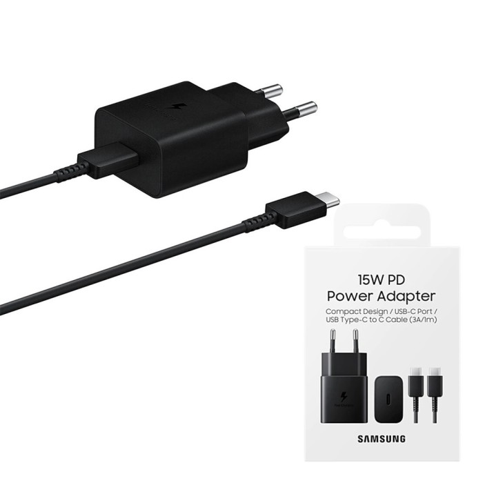 Incarcator Samsung tip C + cablu Type-C 15W, negru, EP-T1510XBEGEU, blister