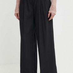 Sisley pantaloni femei, culoarea negru, lat, high waist