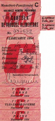 TICHET CARTELA PRODUSE ALIMENTARE 1954,CARNE ULEI PAINE PENTRU MUNC.FUNCTIONARI foto