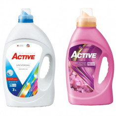 Detergent Universal de rufe lichid Active, 3 litri, 60 spalari + Balsam de rufe Active Happy Day, 1.5 litri, 60 spalari