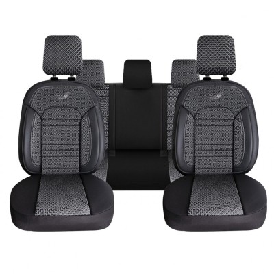 Set Huse Scaune Auto Panda Belek, material textil cu piele ecologica, cu fermoare pentru bancheta rabatabila, gri inchis cu negru, 11 piese foto