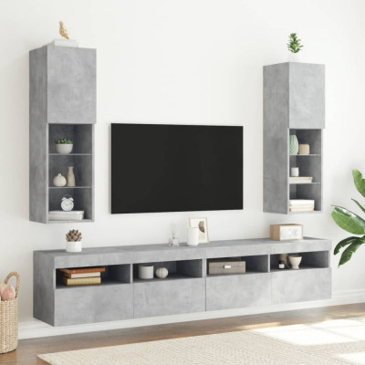 vidaXL Comode TV cu lumini LED, 2 buc., gri beton, 30,5x30x102 cm foto