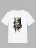 Tricou imprimat alb, motan, bumbac 100%