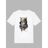 Tricou imprimat alb, motan, bumbac 100%