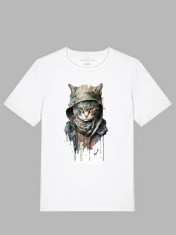 Tricou imprimat alb, motan, bumbac 100%