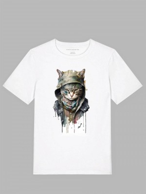 Tricou imprimat alb, motan, bumbac 100% foto