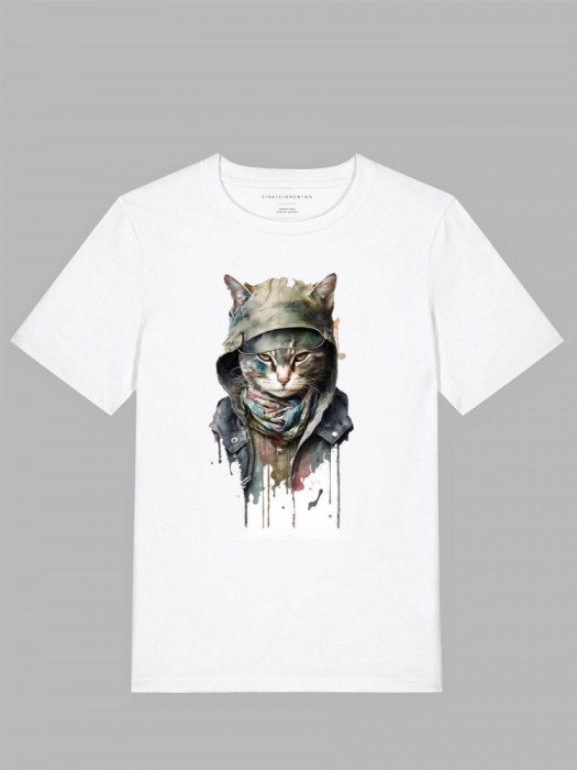 Tricou imprimat alb, motan, bumbac 100%