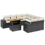 Set mobilier de gradina cu perne, 9 piese, negru, poliratan