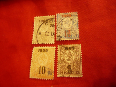 4 Timbre Bulgaria 1909 supratipar 1909 si val. noua ,stampilate foto