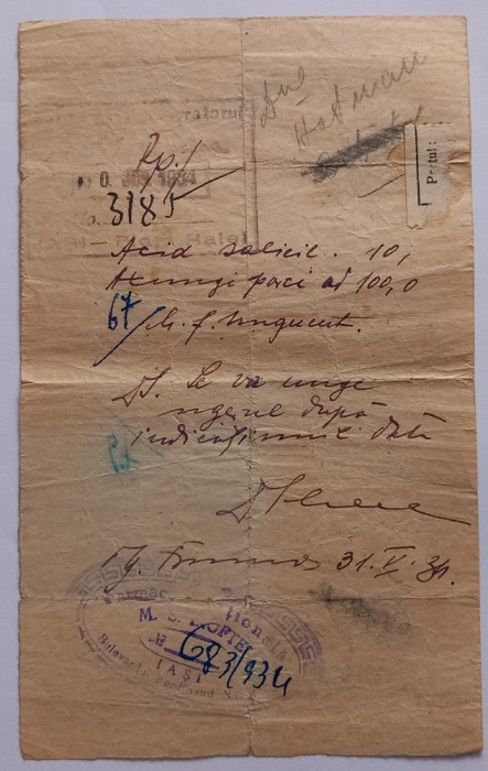 Document medical, Iasi , Bulevardul Ferdinand, anul 1934