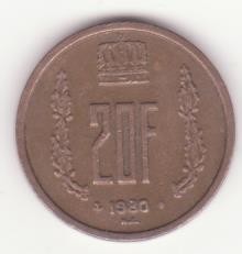 Luxemburg 20 Franci 1980 - Jean I, primul an de batere.