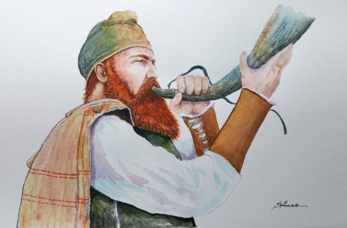 Acuarela portret dac sunand din corn 50x40cm