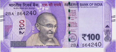 Bancnota India 100 Rupii 2019 - P112 UNC ( litera L ) foto