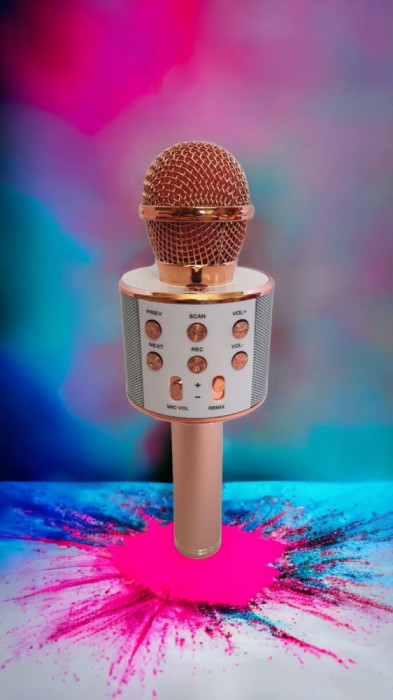 Microfon karaoke roz cu bluetooth și boxă