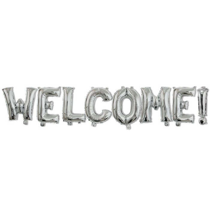 Set baloane din folie metalizata, flippy, model welcome!, litere de 40 cm, baloane party, ambalaj individual, pai inclus, umflare cu aer sau heliu, ar
