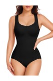 Tricou modelant pentru femei cu controlul abdomenului, cusătură invizibilă, decolteu &icirc;n U, sutiș integrat &ndash; Negru M
