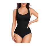 Tricou modelant pentru femei cu controlul abdomenului, cusătură invizibilă, decolteu &icirc;n U, sutiș integrat &ndash; Negru M