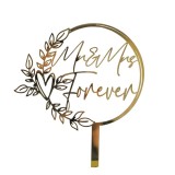 Decoratiune topper pentru tort, flippy, model mr&amp;mrs forever, tematica nunta, 10 cm, auriu