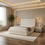 Pat Tapitat Iris Alb Catifea Premium Cu Noptiere Tapitate &Icirc;n stoc