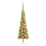 Brad de Crăciun pre-iluminat slim, set globuri, auriu, 150 cm