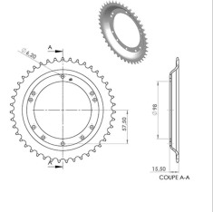 Pinion spate 45 dinti pas lant 415 moped Peugeot 103 Chrono - 103 MVL - 103 SP - 104 - Vogue VS2 - Vogue VSM 2T AC 50cc