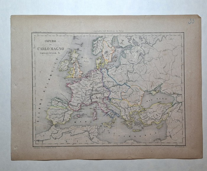 Hartă originală &bdquo;Impero di Carlo Magno&rdquo;, Marmocchi &ndash; Torino, sec. XIX (cca. 1843&ndash;1855)