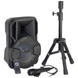 Boxa activa bluetooth LED, 20 W, acumulator, USB, microfon inclus + trepied Cadou