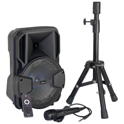 Boxa activa bluetooth LED, 20 W, acumulator, USB, microfon inclus + trepied Cadou foto