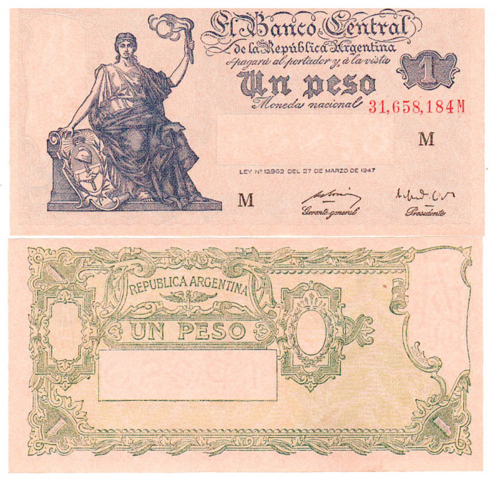 Argentina 1 Peso 1947 ( ND 1948-51 ) P-257 UNC